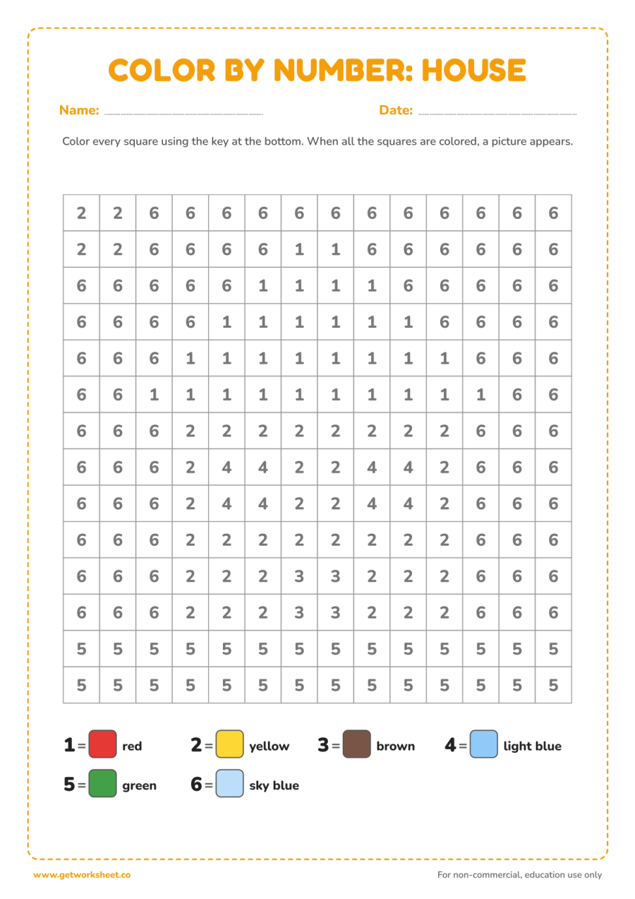 Color by number: house – free printable PDF worksheet, page 1 preview (6 free color by number worksheets)