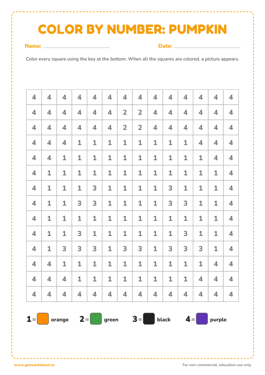Color by number: jack-o'-lantern pumpkin – free printable PDF worksheet, page 1 preview (6 free color by number worksheets)