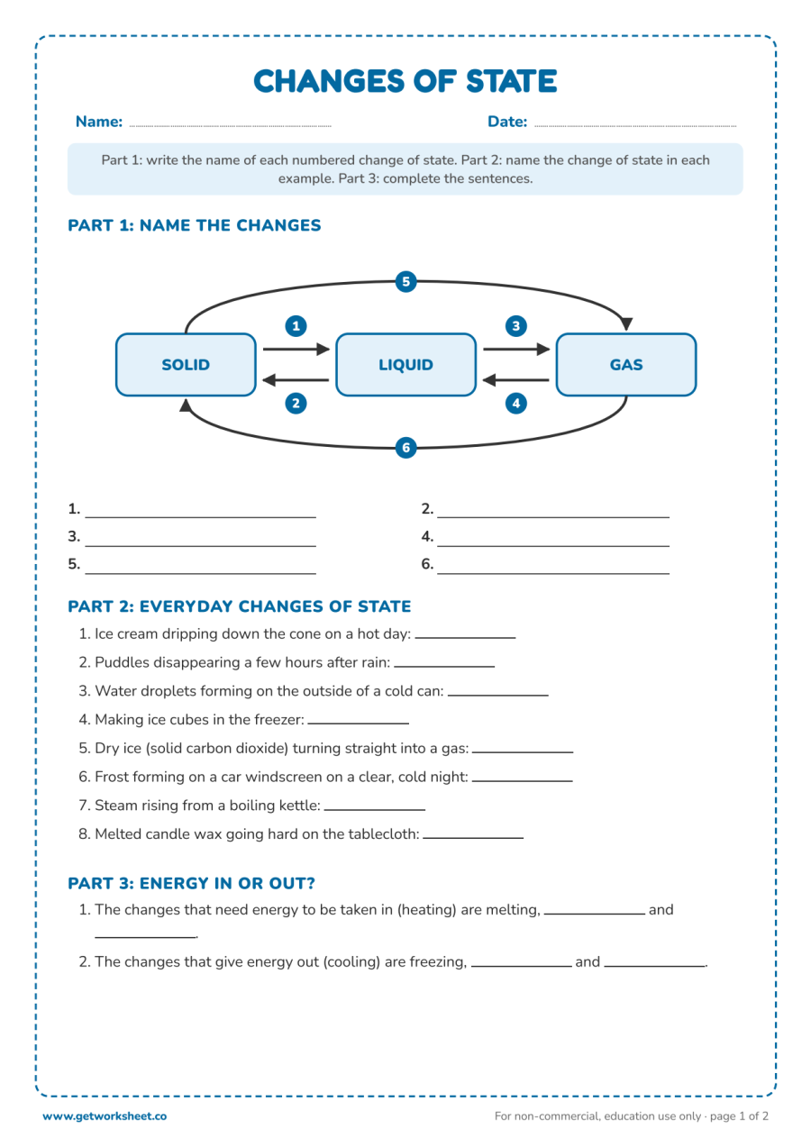 Changes of state: label the 6 arrows, then name 8 everyday changes – free printable PDF worksheet, page 1 preview (Free states of matter worksheets)