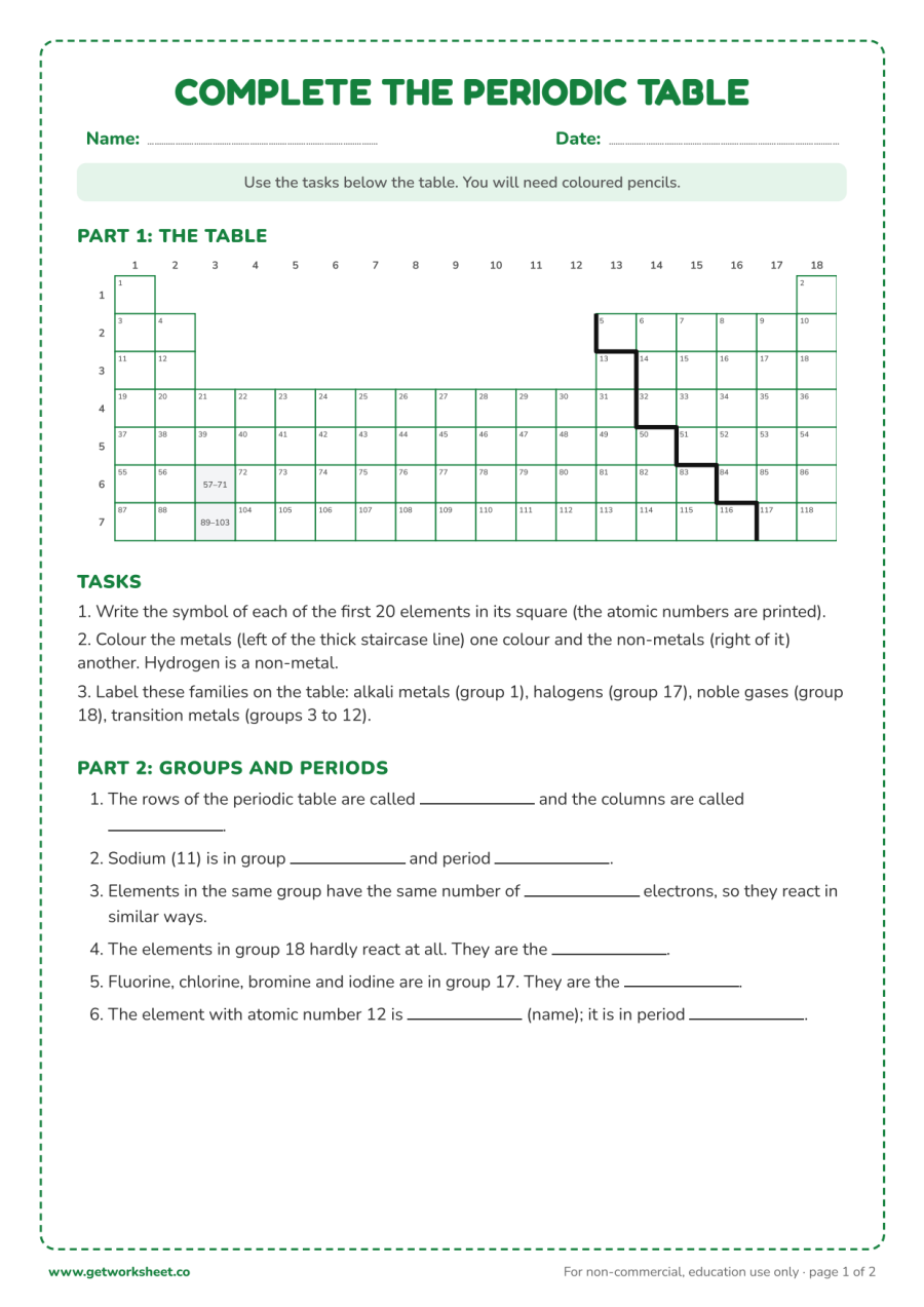 Complete the periodic table: symbols of the first 20, colour metals and non-metals, label the groups Complete the periodic table: symbols of the first 20, colour metals and non-metals, label the groups – free printable PDF worksheet, page 1 preview (Free periodic table worksheets)