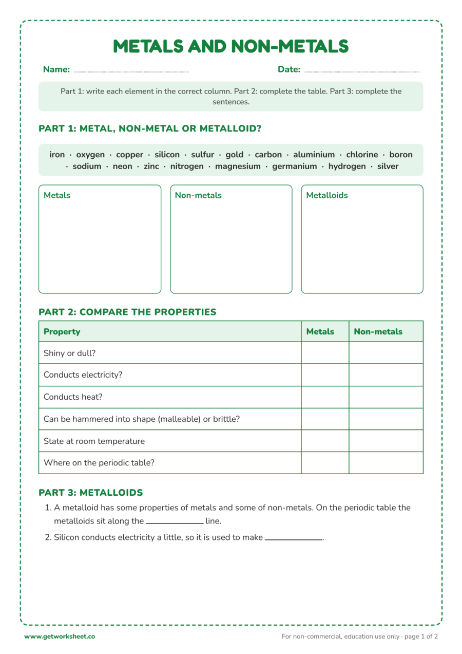 Metals and non-metals: sort 18 elements, compare properties, metalloids Metals and non-metals: sort 18 elements, compare properties, metalloids – free printable PDF worksheet, page 1 preview (Free periodic table worksheets)