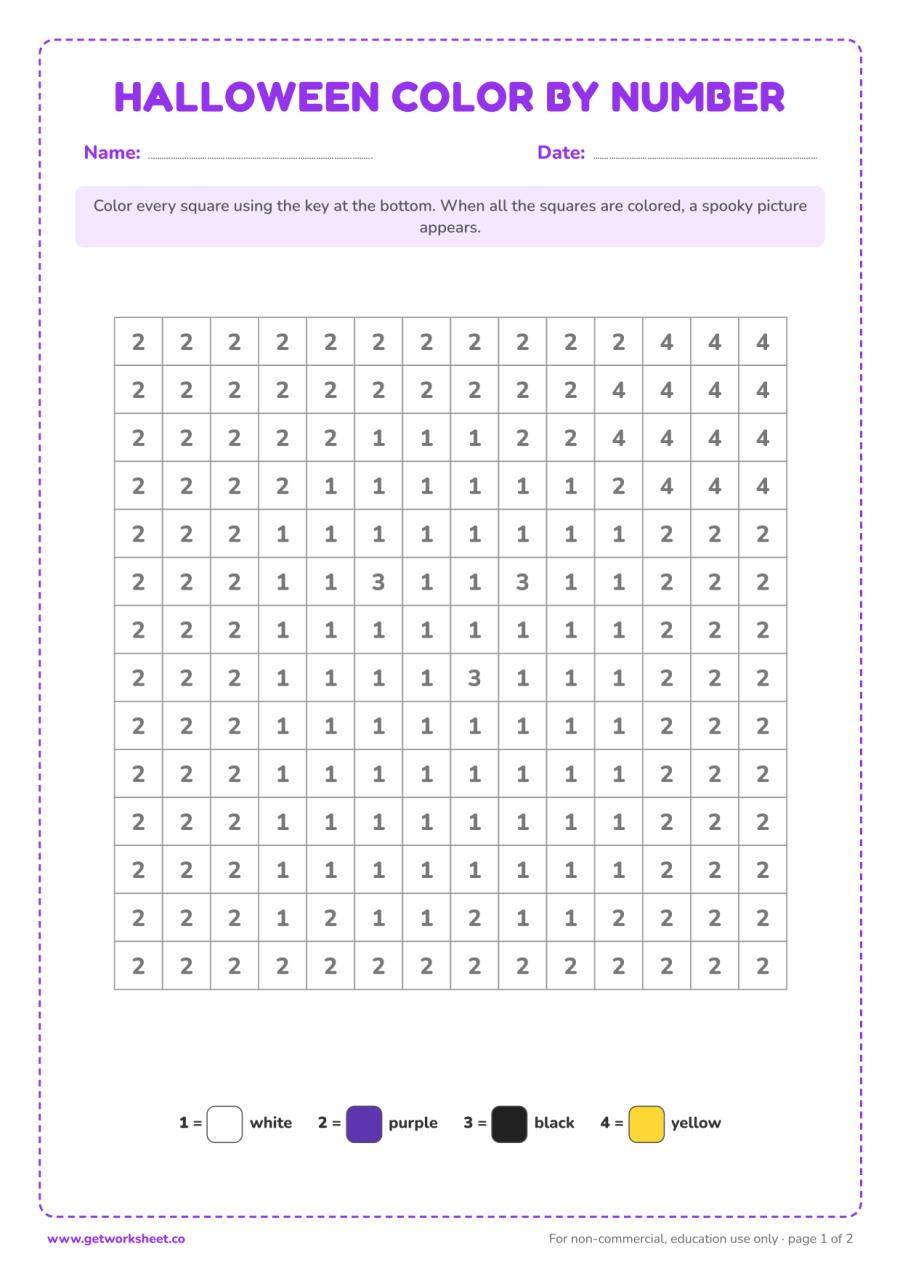Halloween color by number: ghost – free printable PDF worksheet, page 1 preview (6 free Halloween math worksheets)