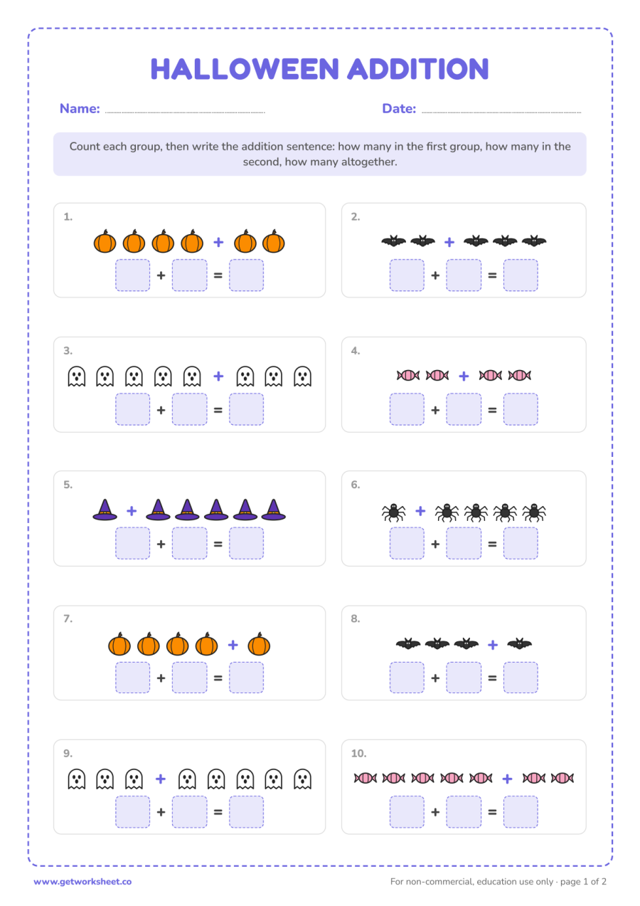 Halloween picture addition to 10 – free printable PDF worksheet, page 1 preview (6 free Halloween math worksheets)