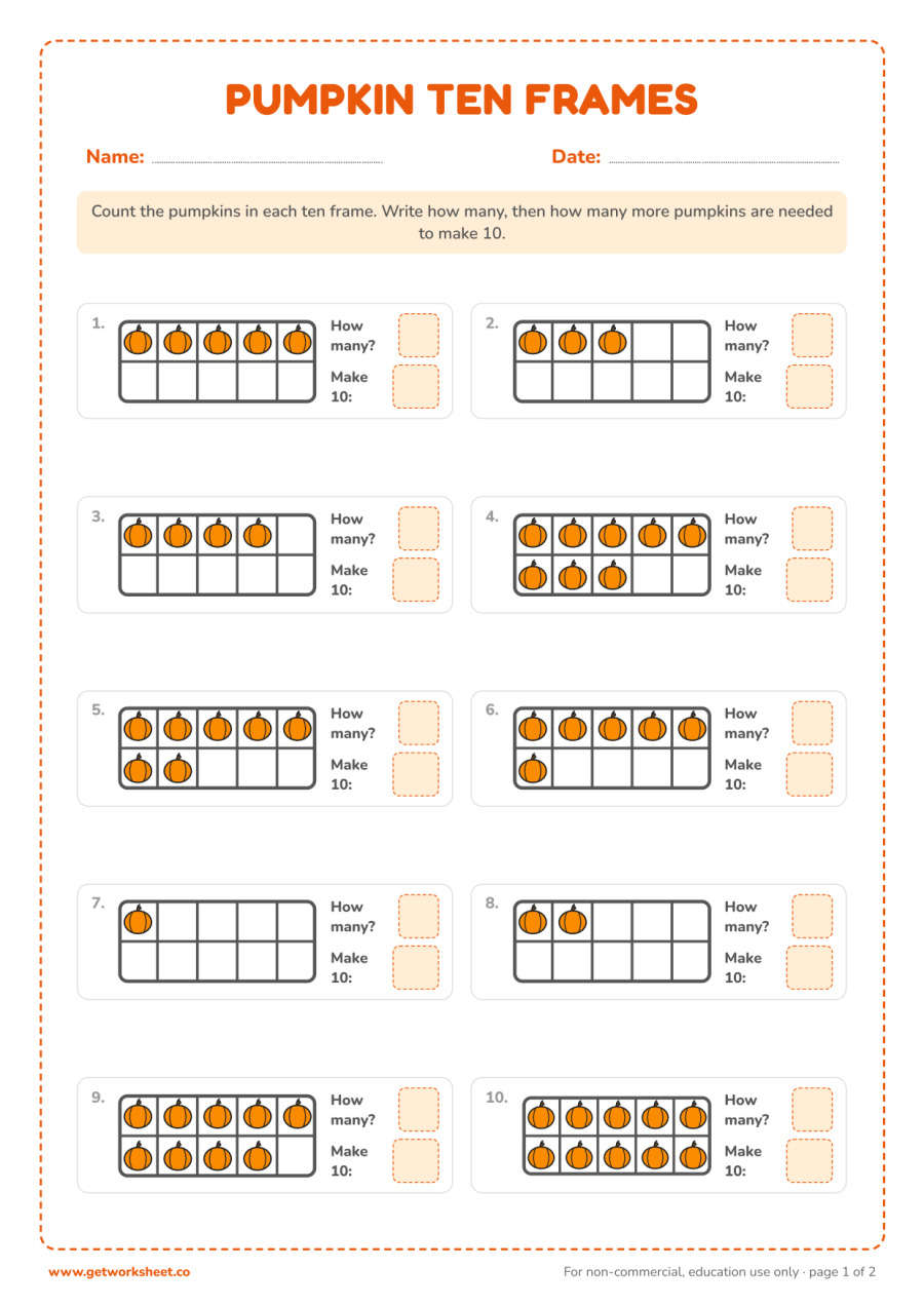 Halloween ten frames – free printable PDF worksheet, page 1 preview (6 free Halloween math worksheets)