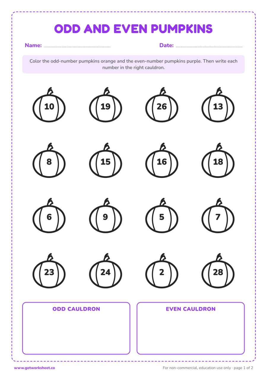 Halloween odd and even pumpkins – free printable PDF worksheet, page 1 preview (6 free Halloween math worksheets)