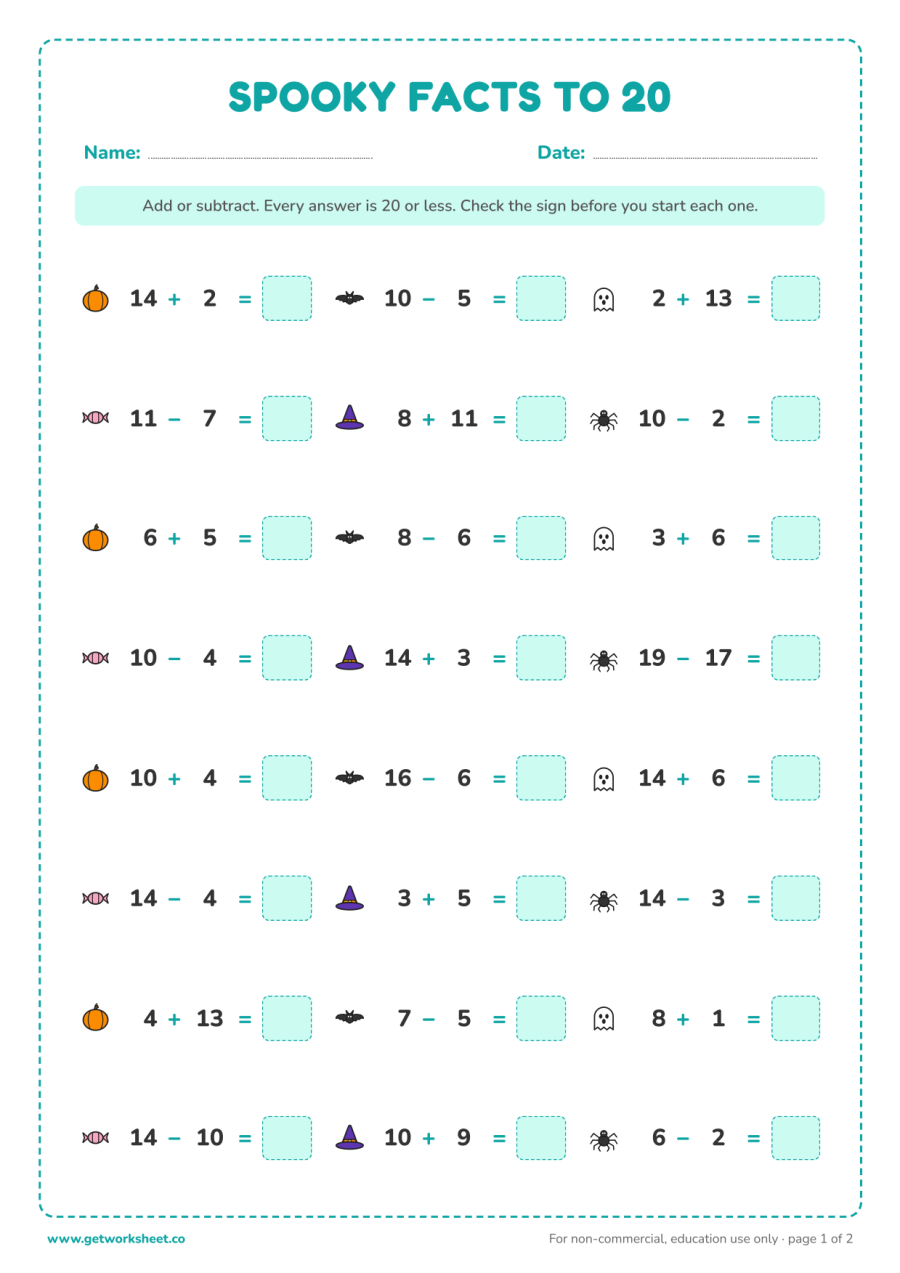 Halloween addition and subtraction to 20 – free printable PDF worksheet, page 1 preview (6 free Halloween math worksheets)