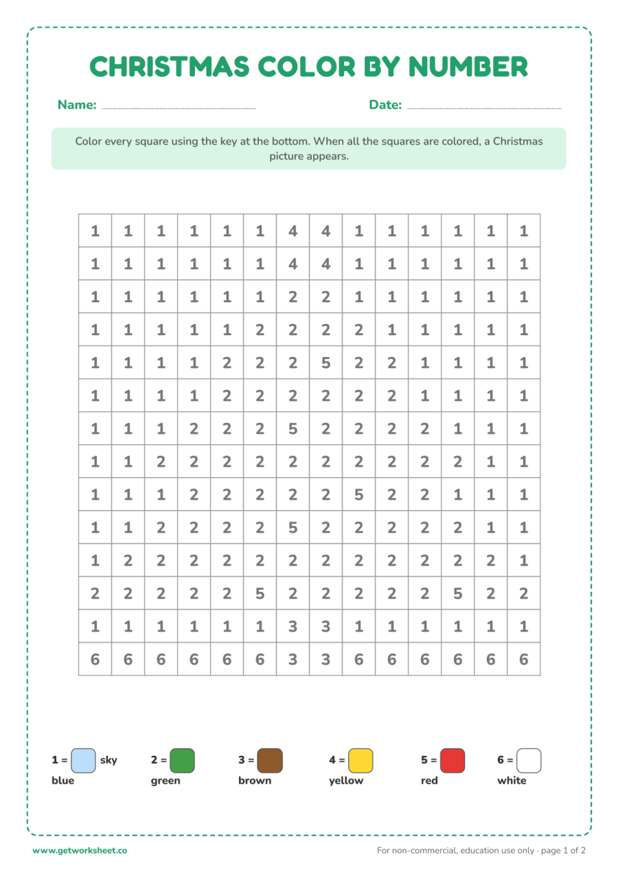 Christmas color by number: tree – free printable PDF worksheet, page 1 preview (8 free Christmas math worksheets)