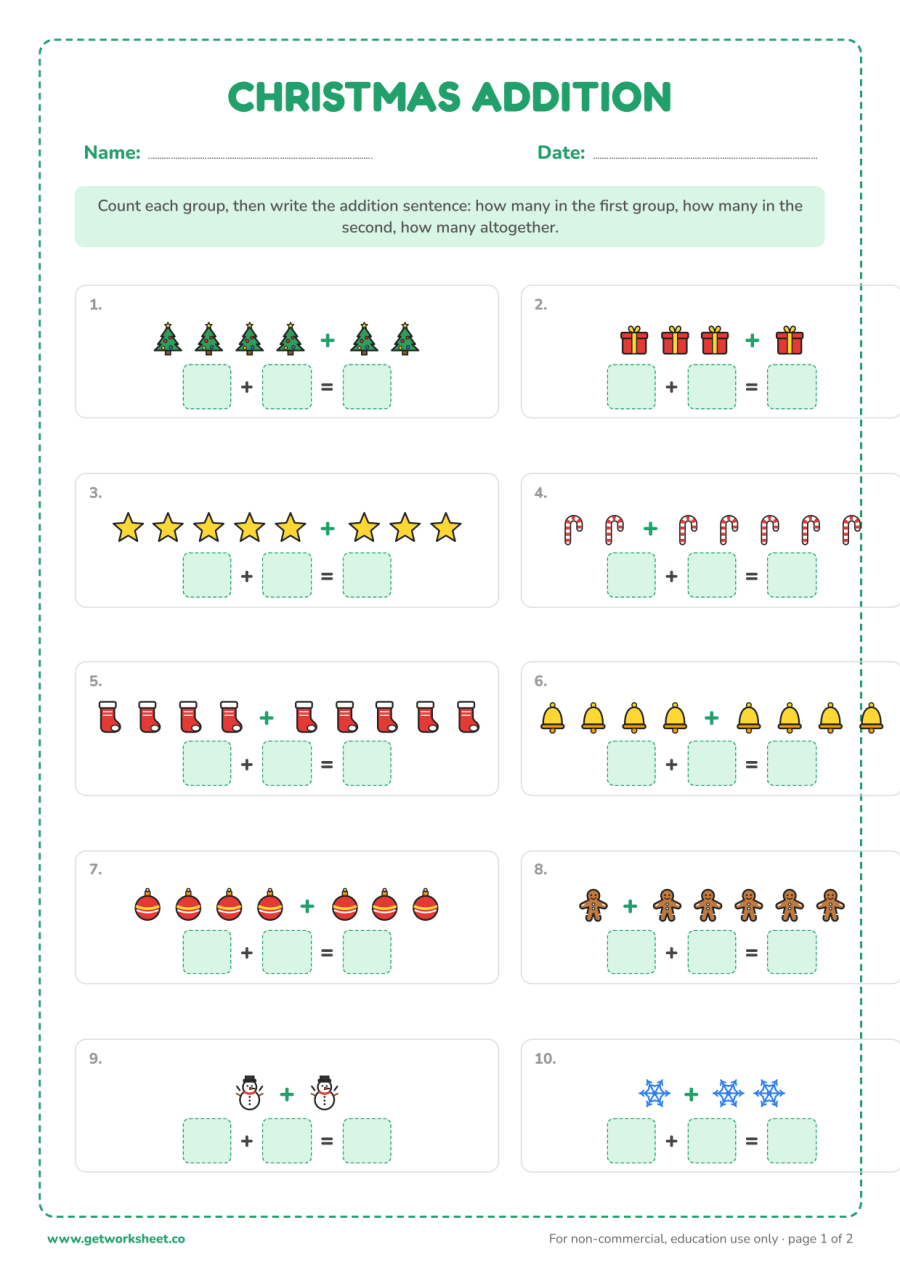 Christmas picture addition to 10 – free printable PDF worksheet, page 1 preview (8 free Christmas math worksheets)