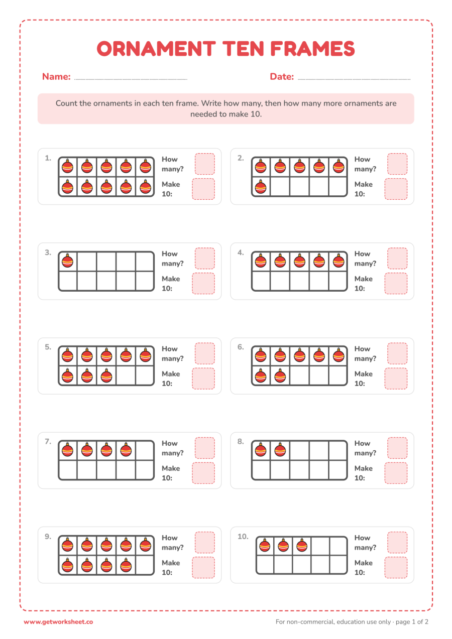 Christmas ornament ten frames – free printable PDF worksheet, page 1 preview (8 free Christmas math worksheets)