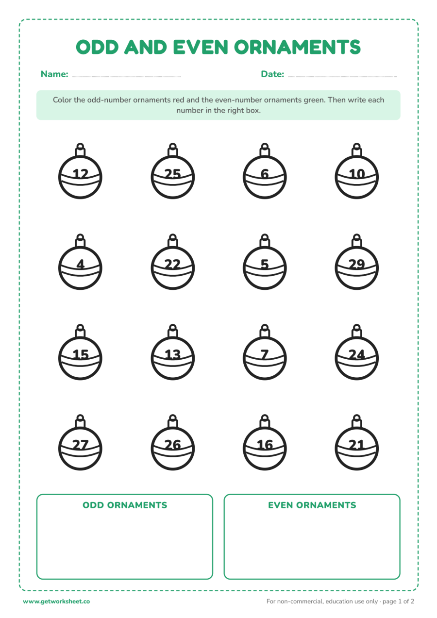 Christmas odd and even ornaments – free printable PDF worksheet, page 1 preview (8 free Christmas math worksheets)