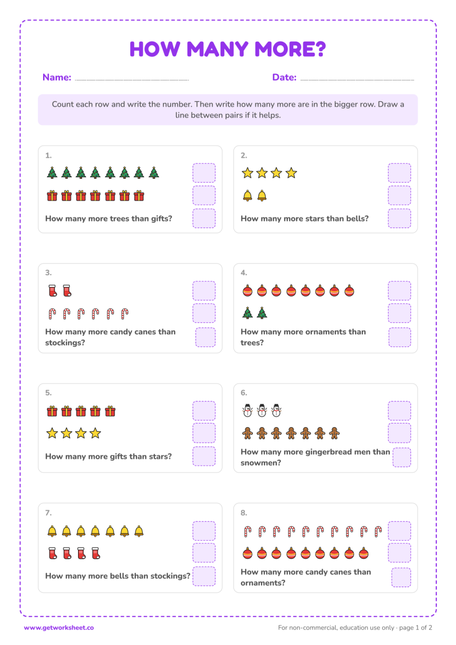 Christmas how many more – free printable PDF worksheet, page 1 preview (8 free Christmas math worksheets)
