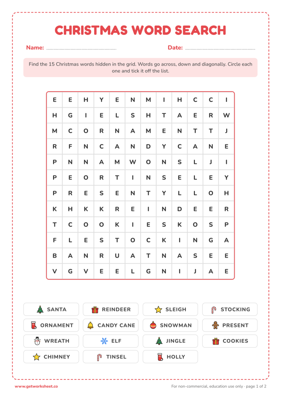 Christmas word search – free printable PDF worksheet, page 1 preview (8 free Christmas worksheets: word searches, letter to Santa and writing)