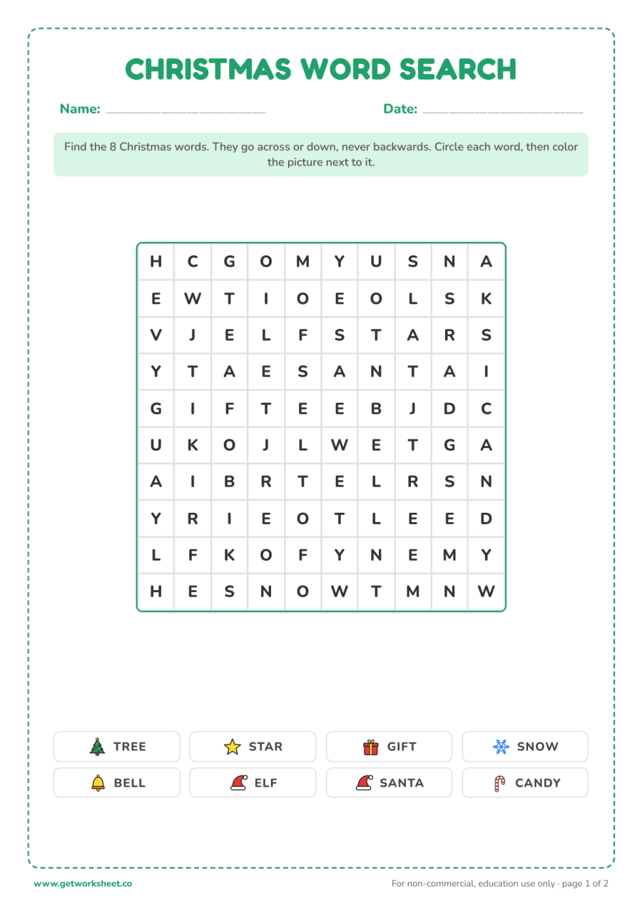 Easy Christmas word search – free printable PDF worksheet, page 1 preview (8 free Christmas worksheets: word searches, letter to Santa and writing)
