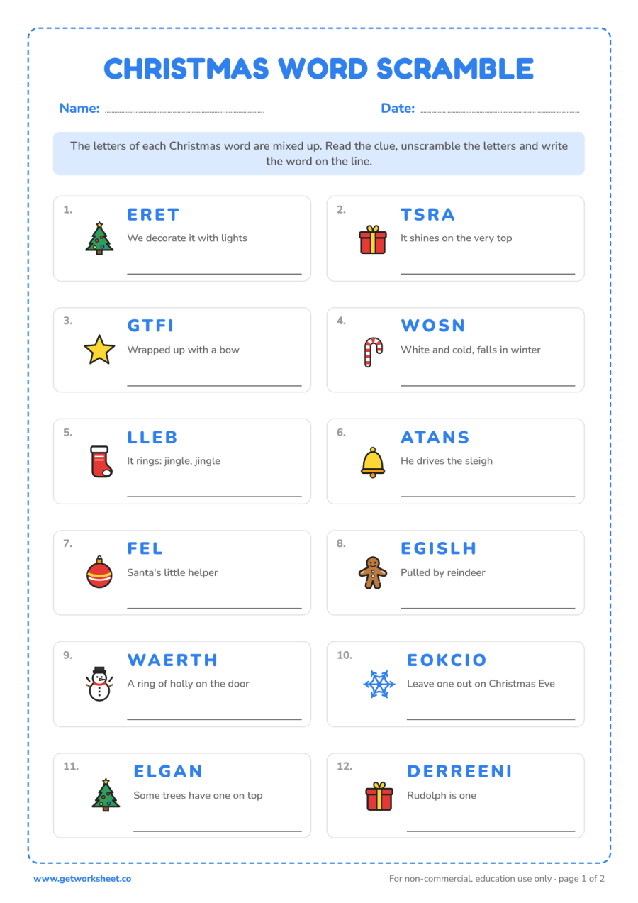Christmas word scramble – free printable PDF worksheet, page 1 preview (8 free Christmas worksheets: word searches, letter to Santa and writing)