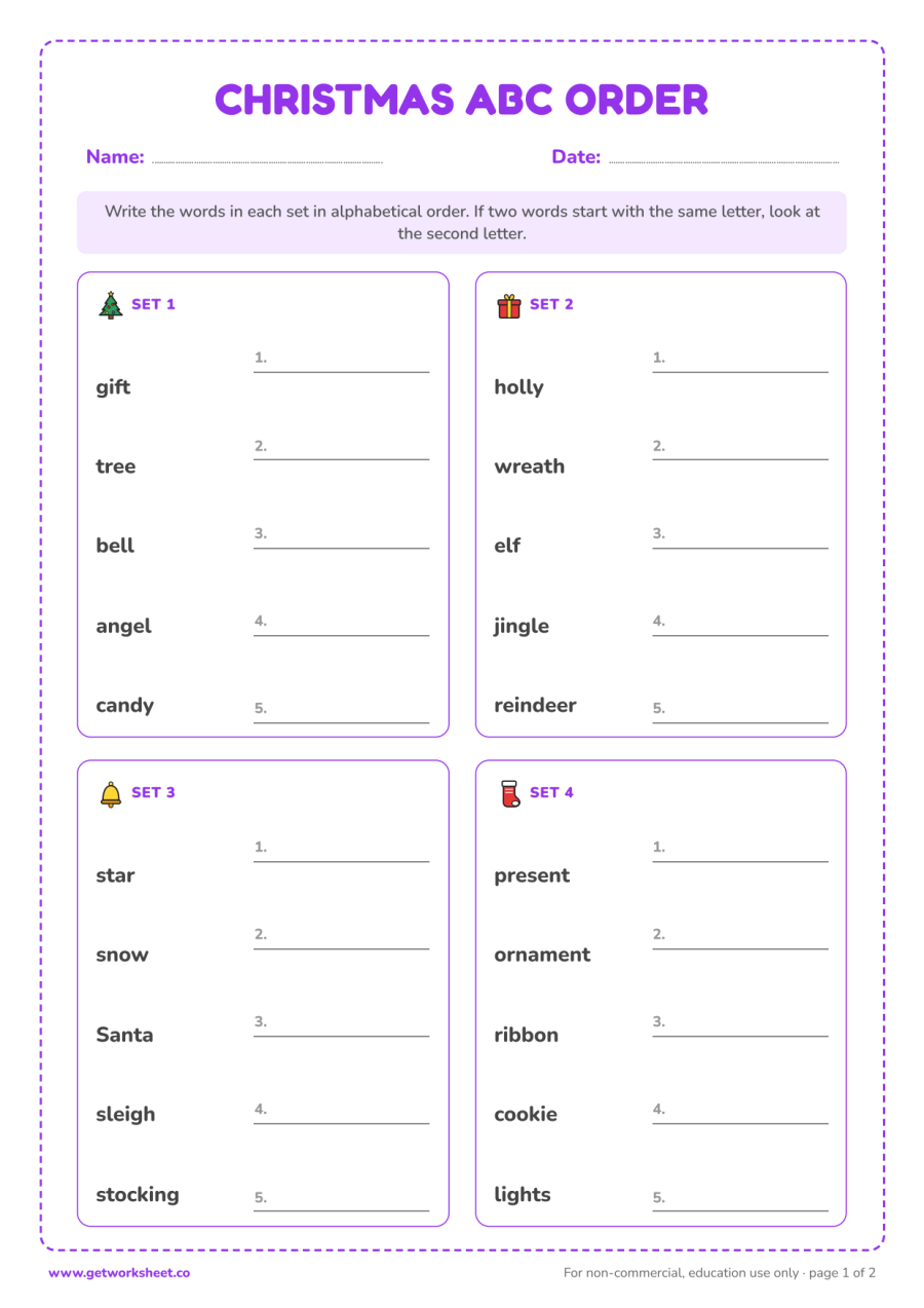 Christmas ABC order – free printable PDF worksheet, page 1 preview (8 free Christmas worksheets: word searches, letter to Santa and writing)