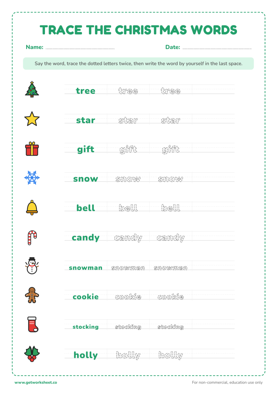 Christmas word tracing – free printable PDF worksheet, page 1 preview (8 free Christmas worksheets: word searches, letter to Santa and writing)