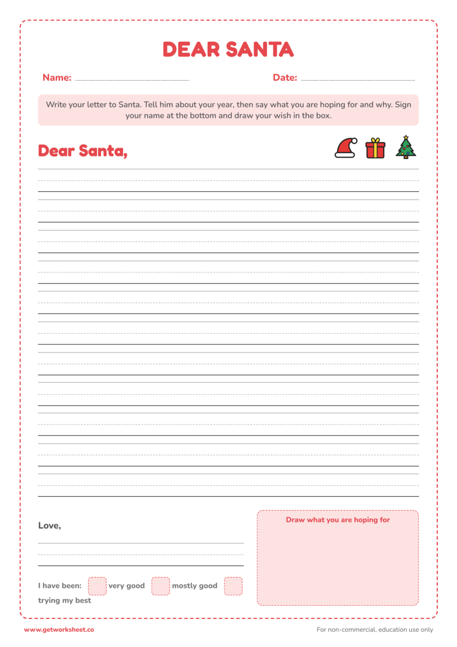Letter to Santa template – free printable PDF worksheet, page 1 preview (8 free Christmas worksheets: word searches, letter to Santa and writing)
