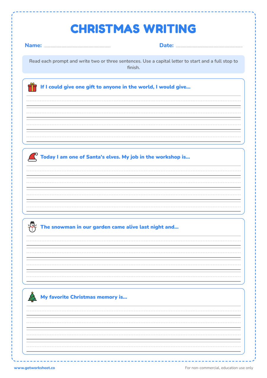 Christmas writing prompts – free printable PDF worksheet, page 1 preview (8 free Christmas worksheets: word searches, letter to Santa and writing)