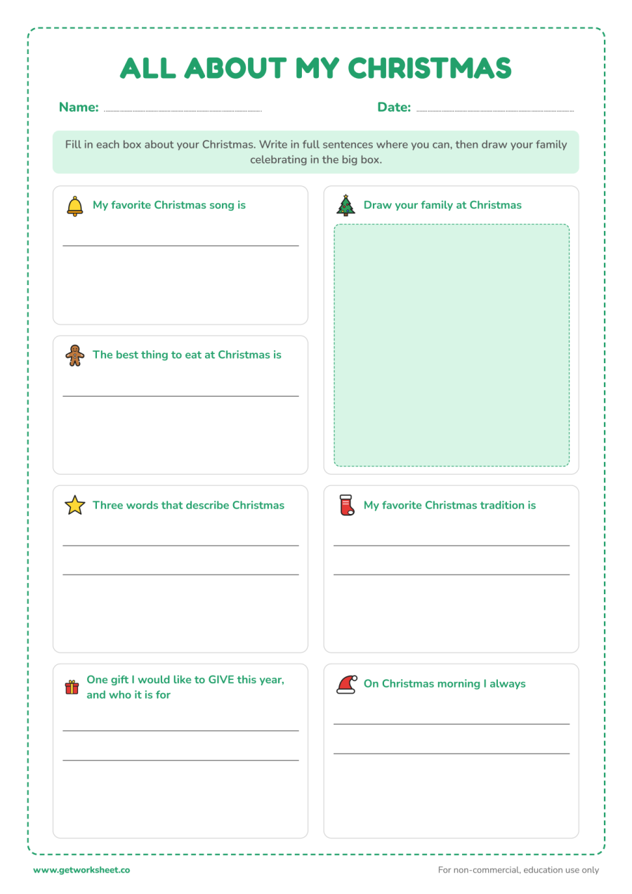 All about my Christmas – free printable PDF worksheet, page 1 preview (8 free Christmas worksheets: word searches, letter to Santa and writing)