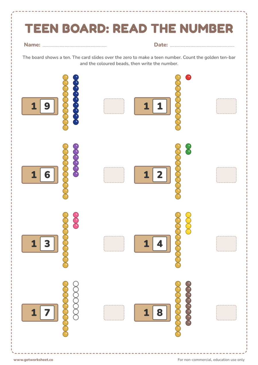 Teen board: read the number (sampler) – free printable PDF worksheet, page 1 preview (10 free Montessori math worksheets: one from every material)