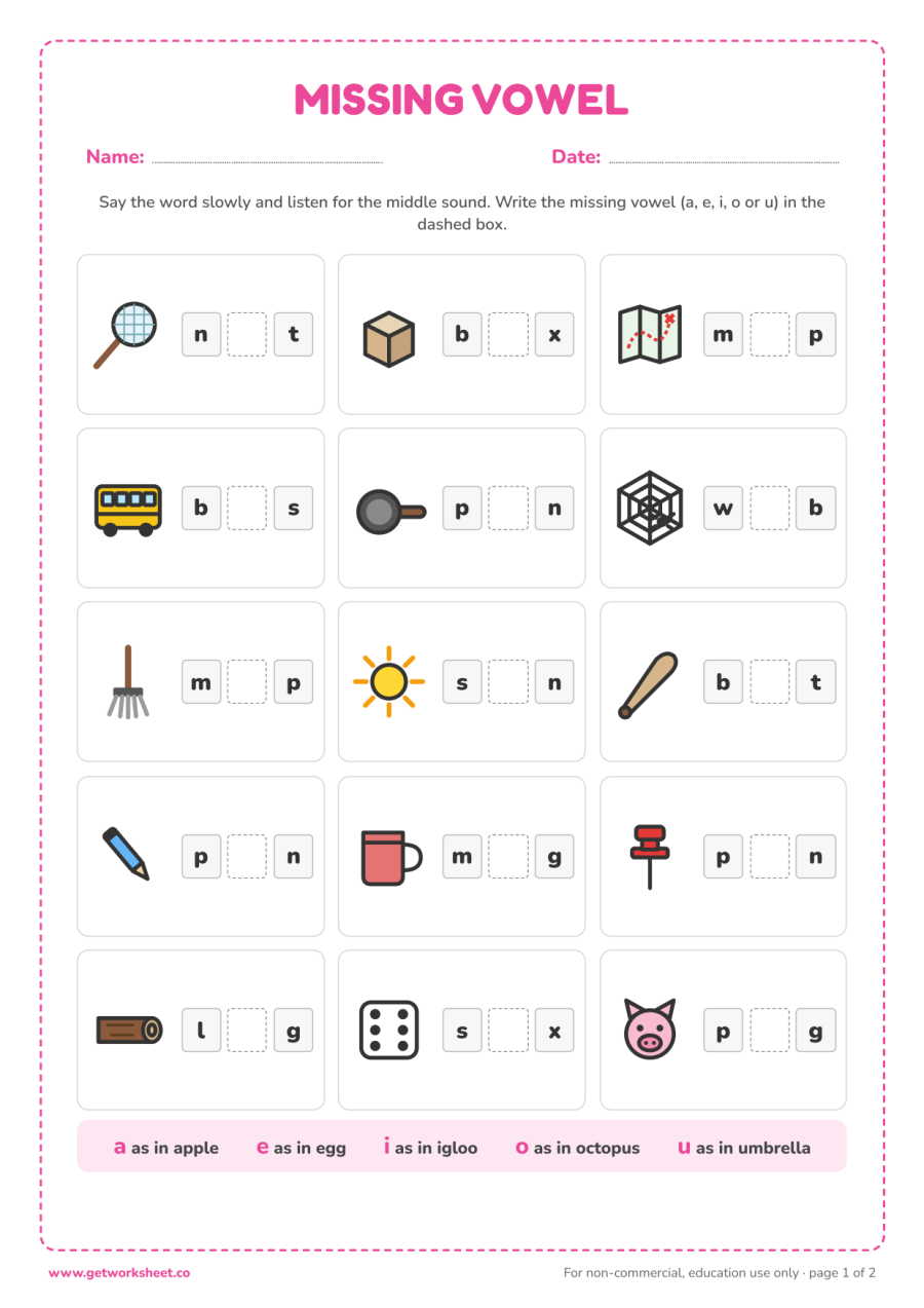 Missing vowel: 15 CVC pictures Missing vowel: 15 CVC pictures – free printable PDF worksheet, page 1 preview (8 free CVC words worksheets)