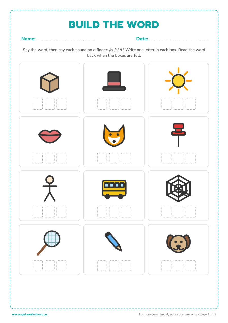 Build the word: 12 pictures, three boxes each Build the word: 12 pictures, three boxes each – free printable PDF worksheet, page 1 preview (8 free CVC words worksheets)