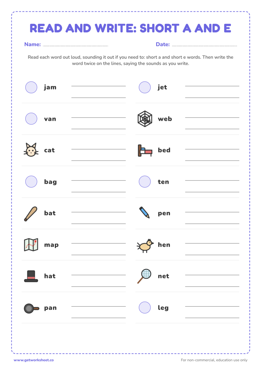 Read and write: short a and short e words Read and write: short a and short e words – free printable PDF worksheet, page 1 preview (8 free CVC words worksheets)
