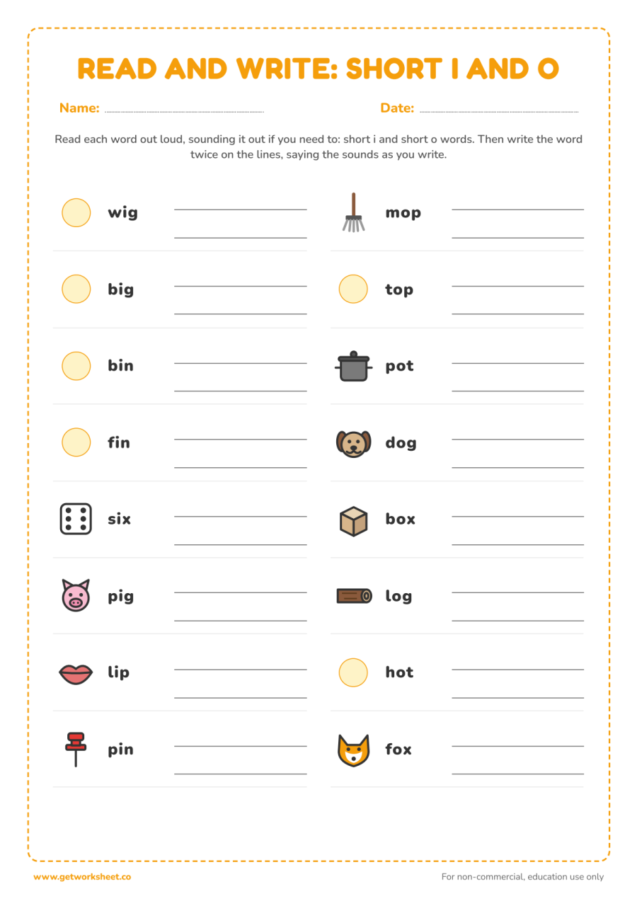 Read and write: short i and short o words Read and write: short i and short o words – free printable PDF worksheet, page 1 preview (8 free CVC words worksheets)