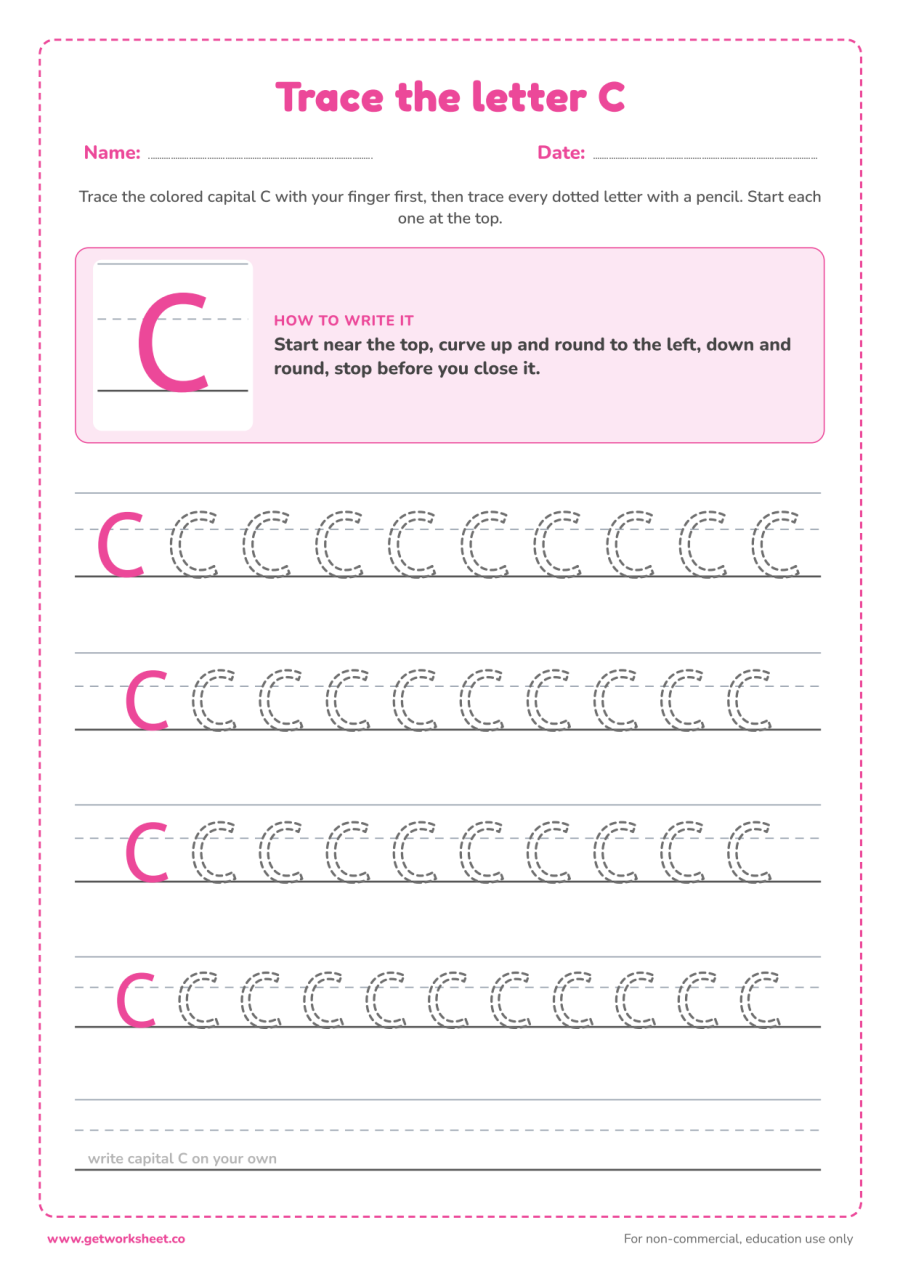 Trace the capital letter C Trace the capital letter C – free printable PDF worksheet, page 1 preview (6 free letter C tracing worksheets)