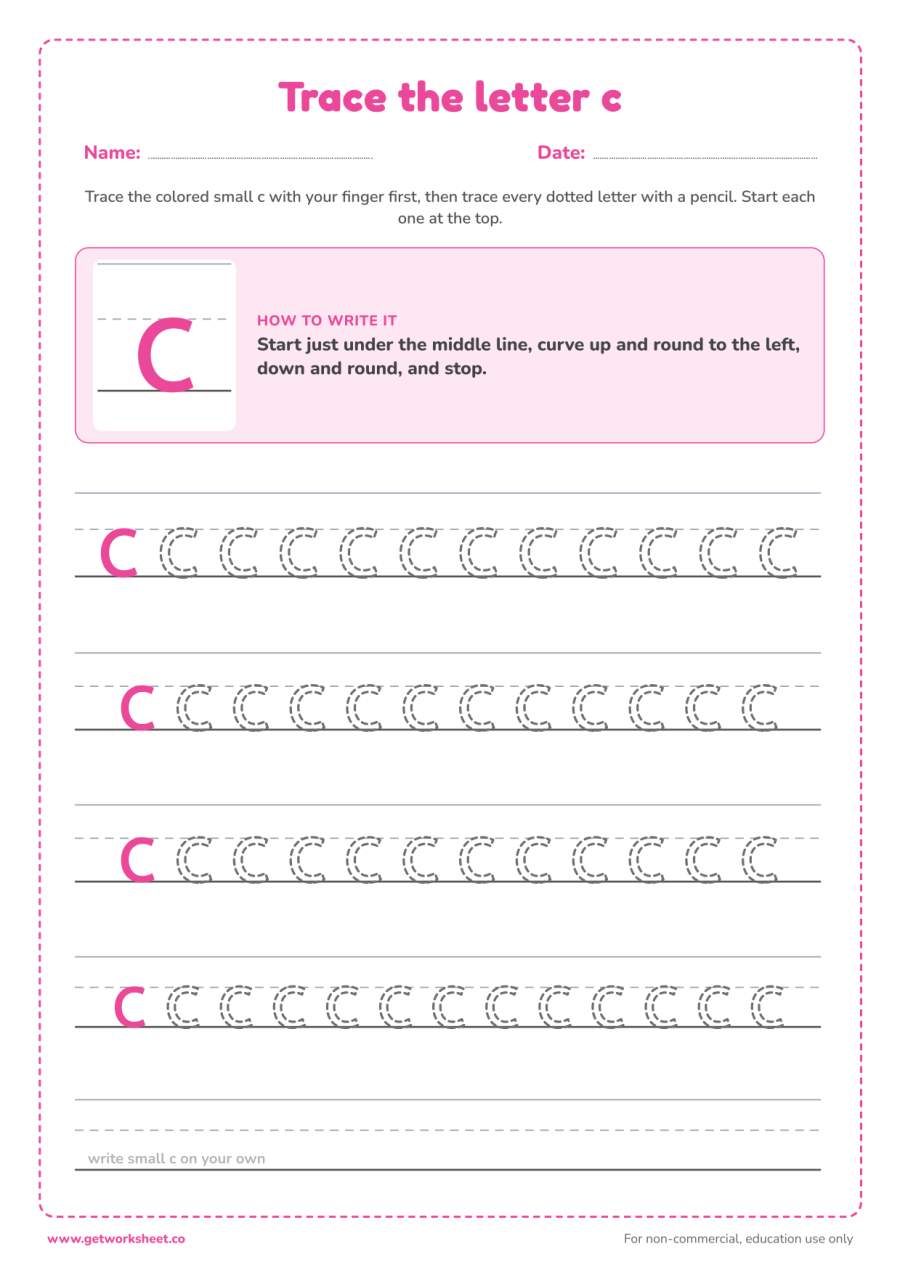 Trace the lowercase letter c Trace the lowercase letter c – free printable PDF worksheet, page 1 preview (6 free letter C tracing worksheets)