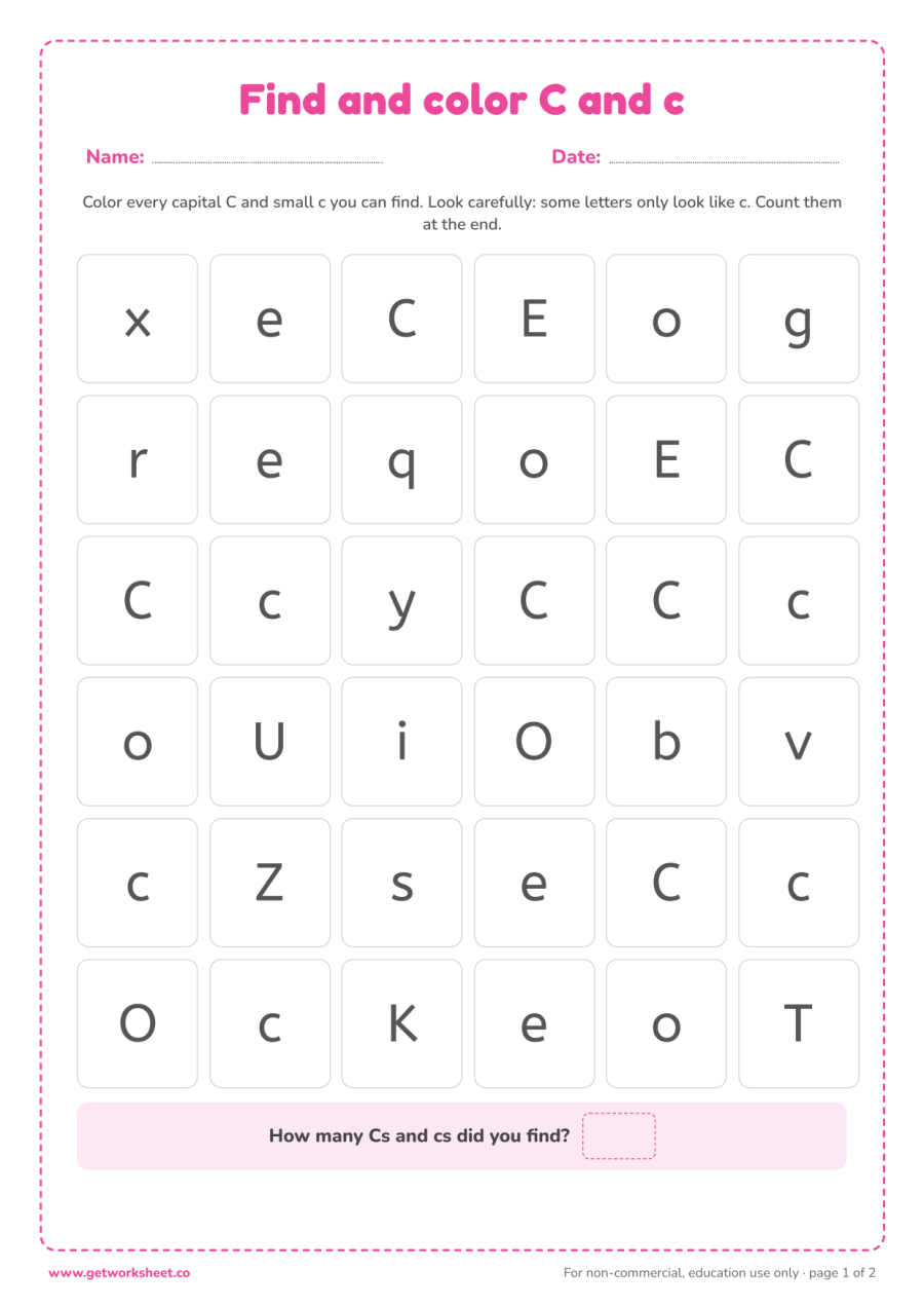 Find and color the letter C and c Find and color the letter C and c – free printable PDF worksheet, page 1 preview (6 free letter C tracing worksheets)