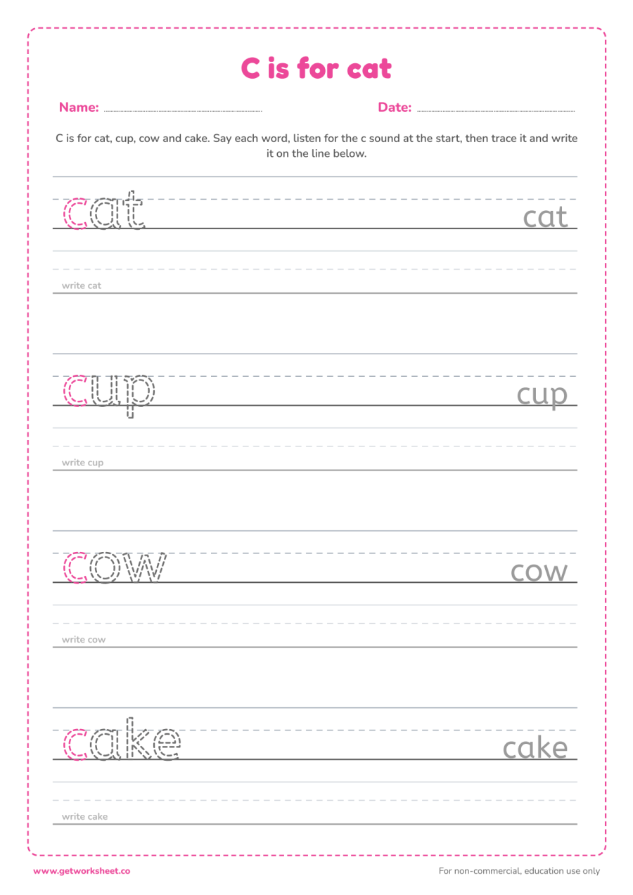 C is for cat: trace the words C is for cat: trace the words – free printable PDF worksheet, page 1 preview (6 free letter C tracing worksheets)