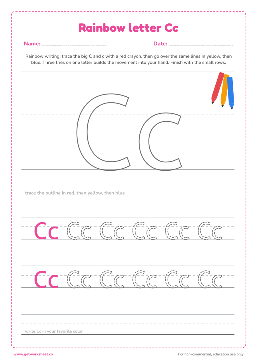 Rainbow letter Cc Rainbow letter Cc – free printable PDF worksheet, page 1 preview (6 free letter C tracing worksheets)
