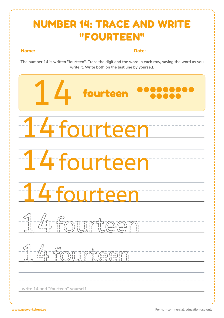 Number 14 and the word "fourteen": trace and write – free printable PDF worksheet, page 1 preview (5 free number 14 tracing worksheets)