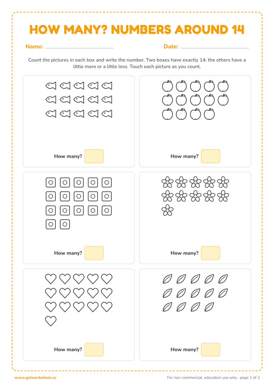 How many? Counting pictures around 14 (with answer key) – free printable PDF worksheet, page 1 preview (5 free number 14 tracing worksheets)