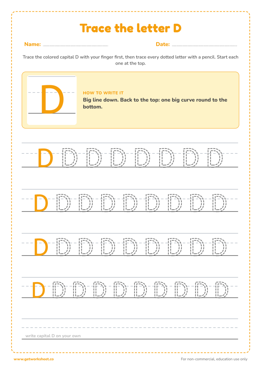 Trace the capital letter D Trace the capital letter D – free printable PDF worksheet, page 1 preview (6 free letter D tracing worksheets)
