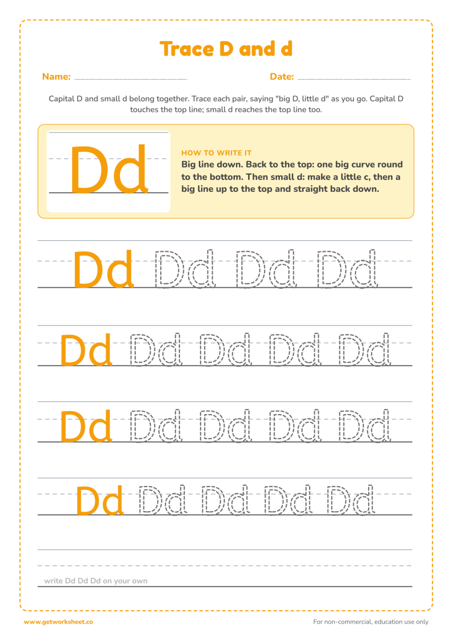 Trace D and d together Trace D and d together – free printable PDF worksheet, page 1 preview (6 free letter D tracing worksheets)