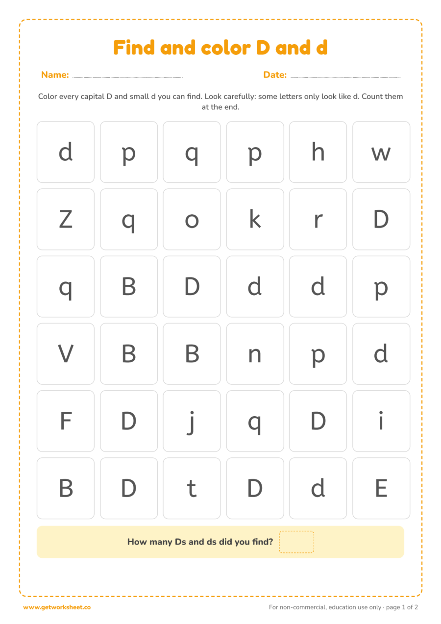 Find and color the letter D and d Find and color the letter D and d – free printable PDF worksheet, page 1 preview (6 free letter D tracing worksheets)