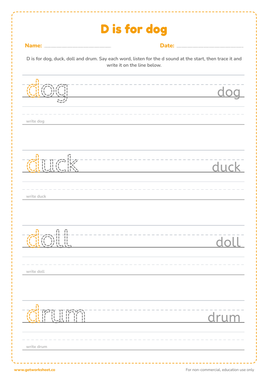 D is for dog: trace the words D is for dog: trace the words – free printable PDF worksheet, page 1 preview (6 free letter D tracing worksheets)