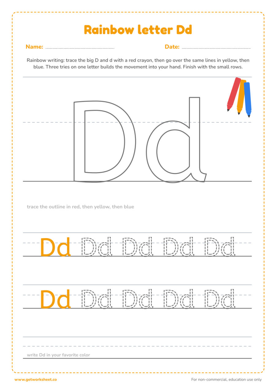 Rainbow letter Dd Rainbow letter Dd – free printable PDF worksheet, page 1 preview (6 free letter D tracing worksheets)