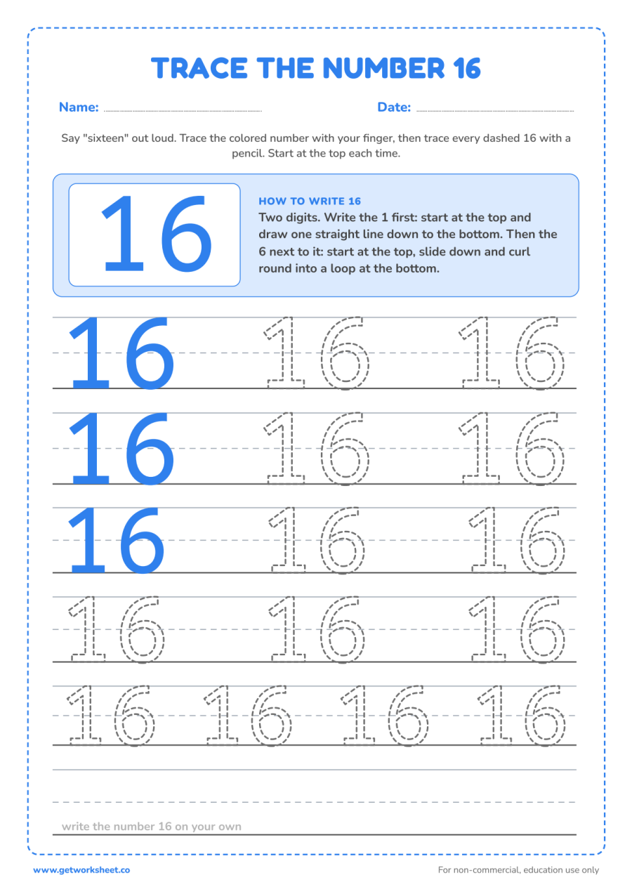 Trace the number 16: model, formation cue and five rows Trace the number 16: model, formation cue and five rows – free printable PDF worksheet, page 1 preview (5 free number 16 tracing worksheets)