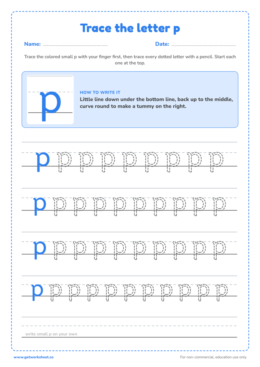 Trace the lowercase letter p Trace the lowercase letter p – free printable PDF worksheet, page 1 preview (6 free letter P tracing worksheets)
