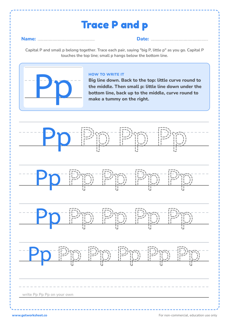 Trace P and p together Trace P and p together – free printable PDF worksheet, page 1 preview (6 free letter P tracing worksheets)