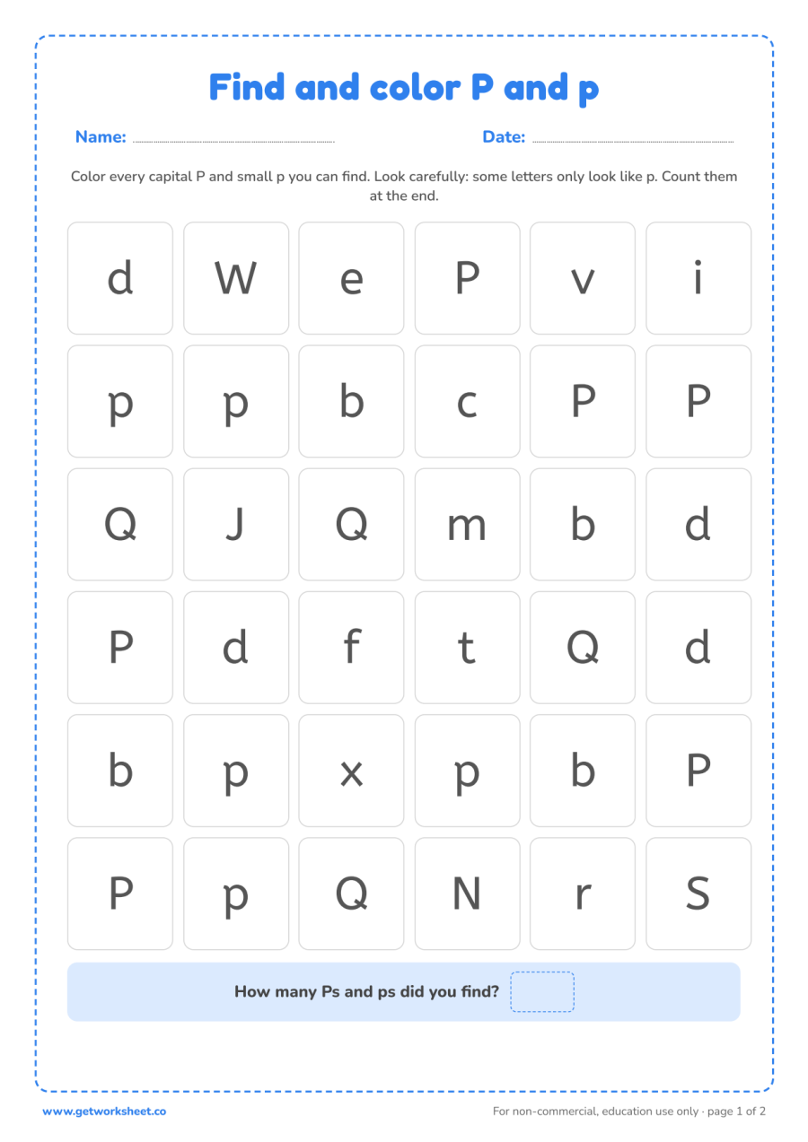 Find and color the letter P and p Find and color the letter P and p – free printable PDF worksheet, page 1 preview (6 free letter P tracing worksheets)