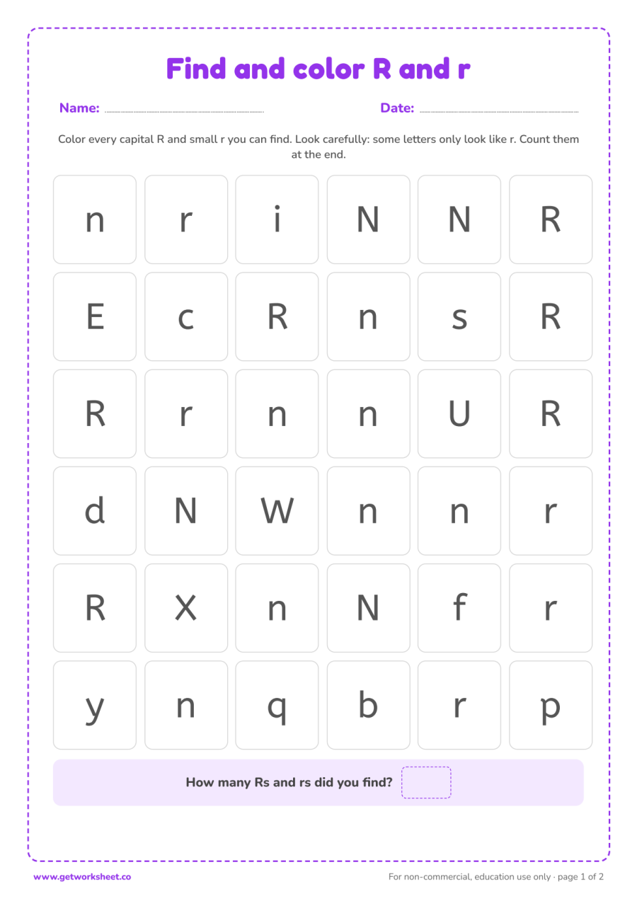 Find and color the letter R and r – free printable PDF worksheet, page 1 preview (6 free letter R tracing worksheets)
