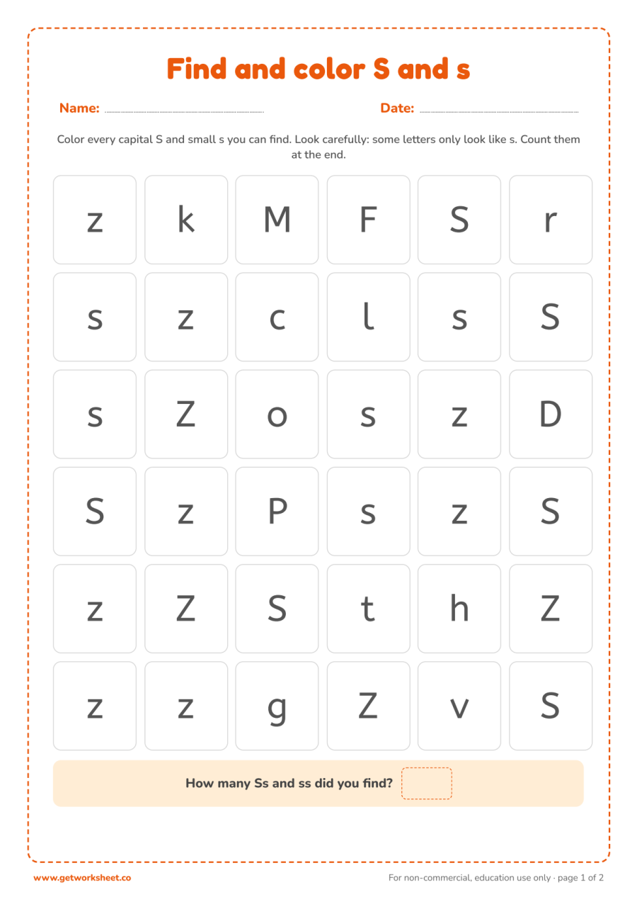 Find and color the letter S and s Find and color the letter S and s – free printable PDF worksheet, page 1 preview (6 free letter S tracing worksheets)