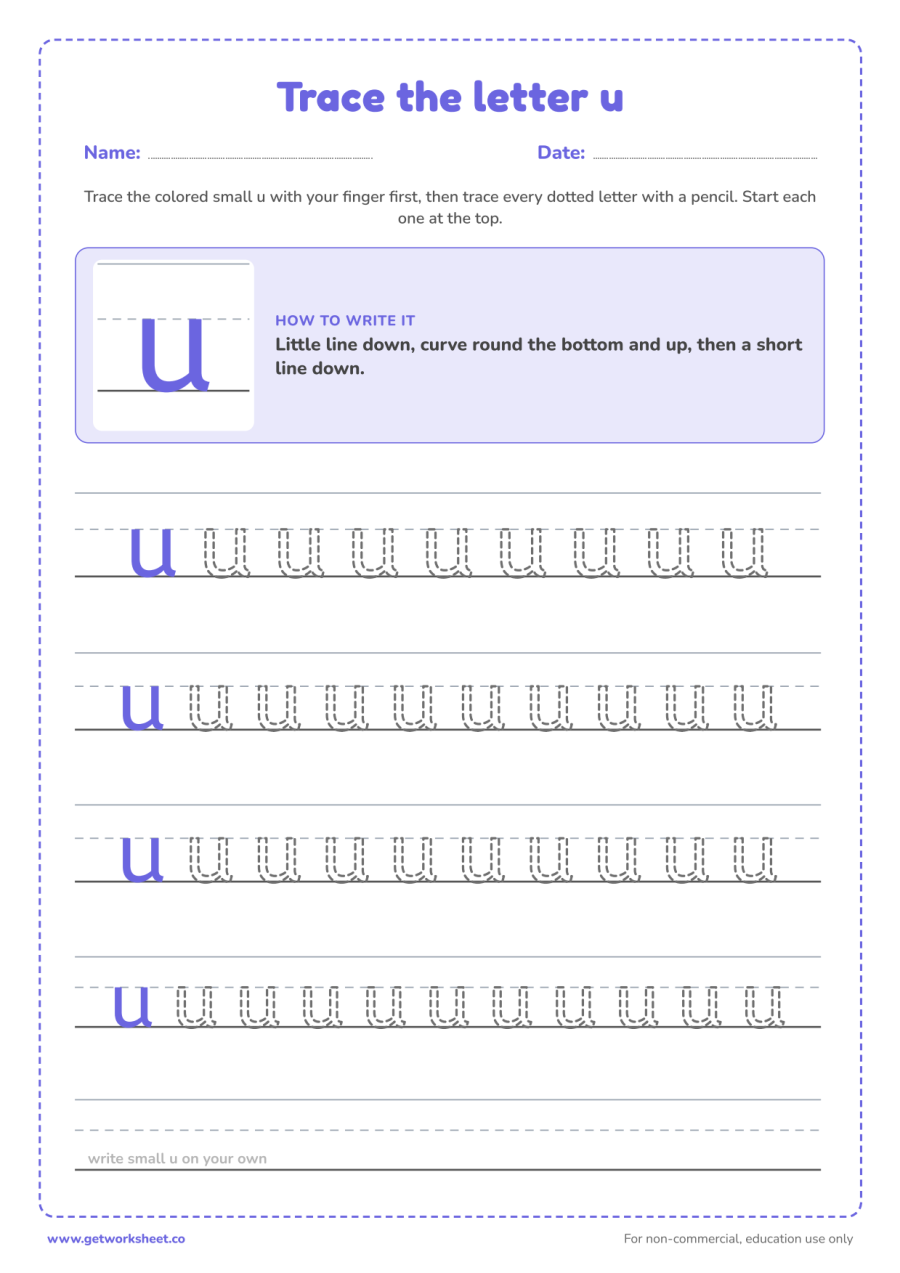 Trace the lowercase letter u Trace the lowercase letter u – free printable PDF worksheet, page 1 preview (6 free letter U tracing worksheets)