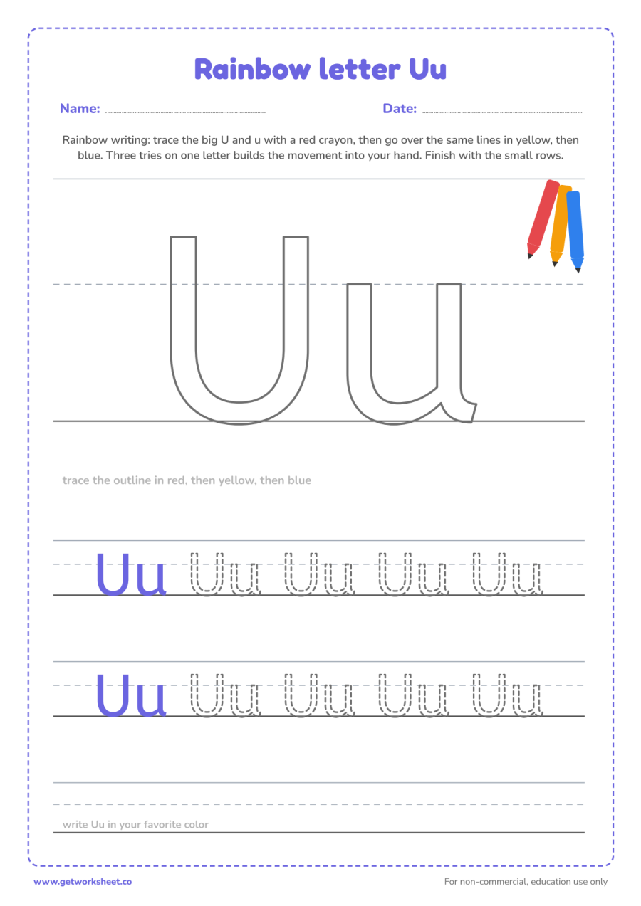 Rainbow letter Uu Rainbow letter Uu – free printable PDF worksheet, page 1 preview (6 free letter U tracing worksheets)