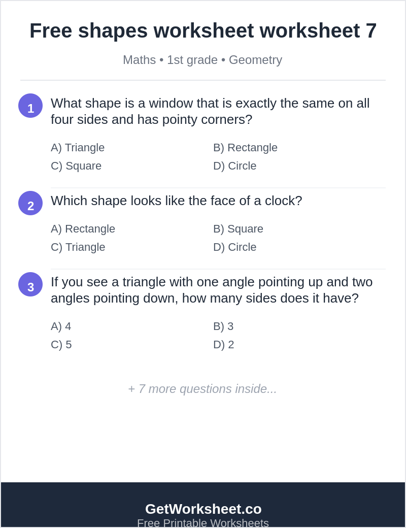 Free shapes worksheet worksheet 7