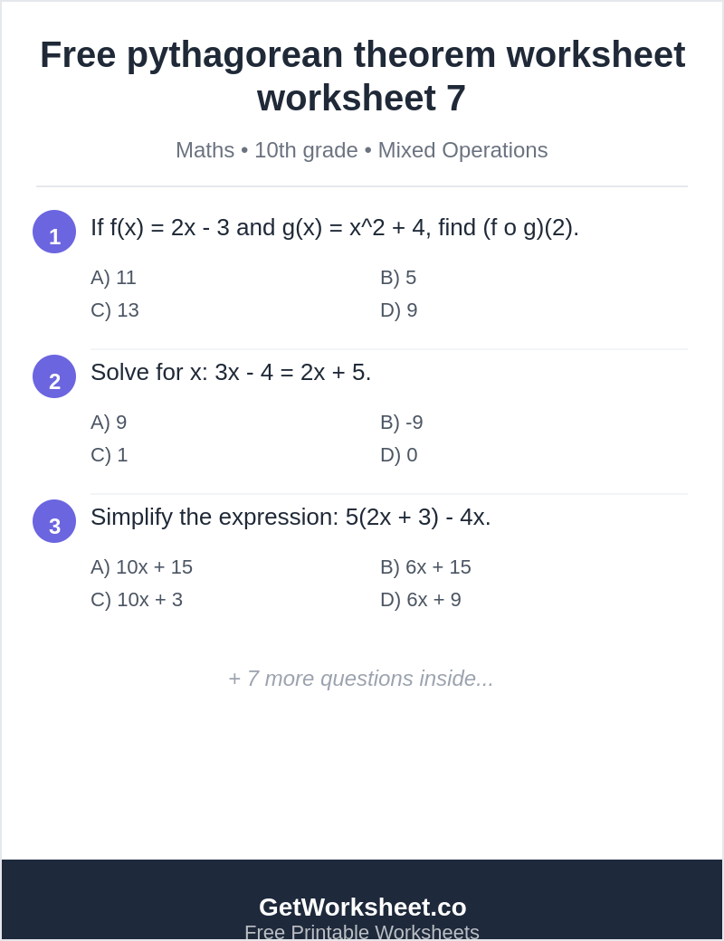 Free pythagorean theorem worksheet worksheet 7